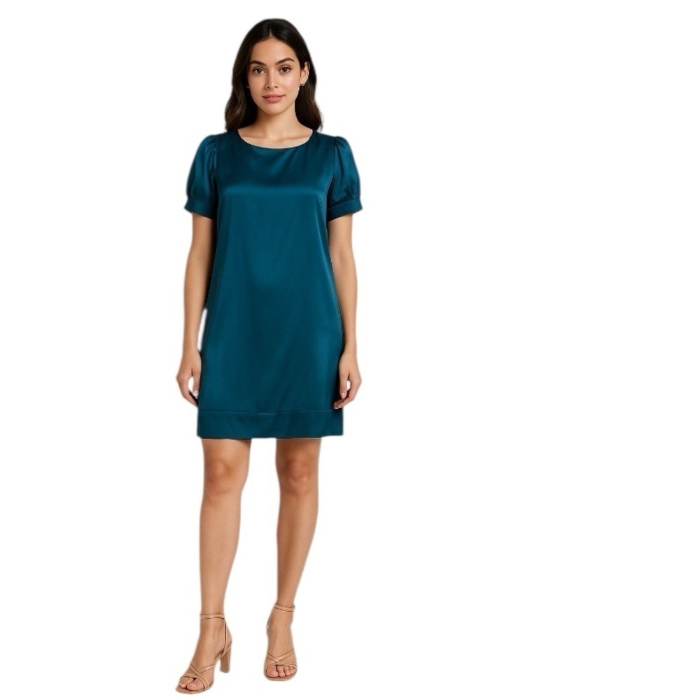 Amanda Uprichard Turquoise Puff Sleeve Silk Quiet Luxury Preppy Mini Dress Sz. M